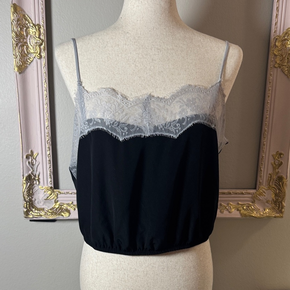 Free People Black Crop Tank with Light Gray Lace Trim
